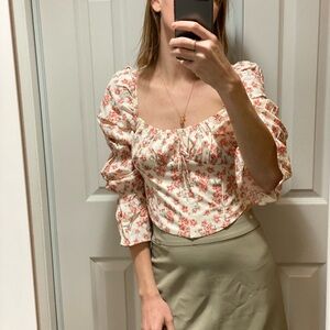 White and Pink Puff Sleeve Blouse with Sweetheart Neckline and Ruched Style